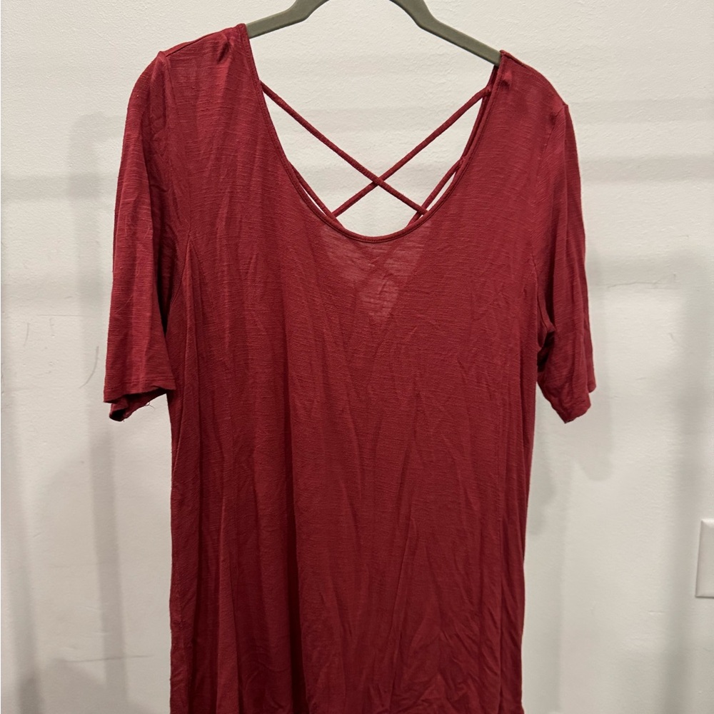 Maurice’s Burgundy Short Sleeve Tee with criss cross detail on the back